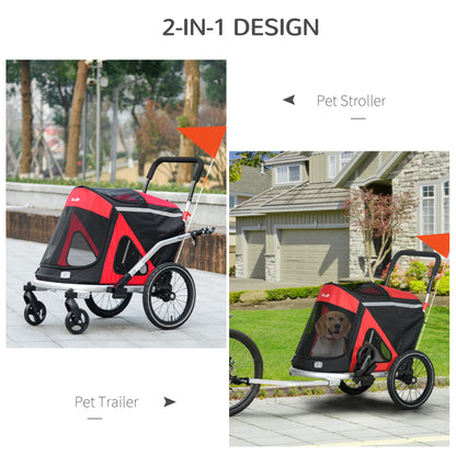 2 in 1 Bike Trailer with Aluminum Frame, Quick Release Wheels, Safety Leash, Anti-Slip Mat for Medium Dogs, Red