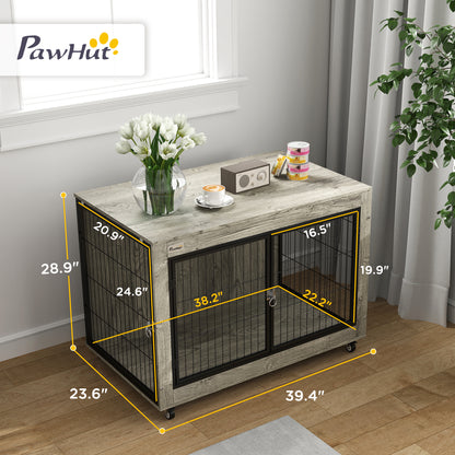 PawHut 39" Dog Crate Furniture End Side Table with Wheels, Interchangeable Side Door, for Large Dogs, Gray