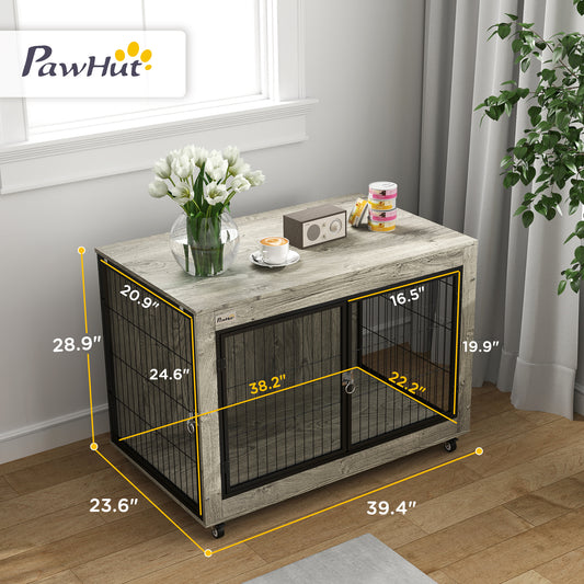 PawHut 39" Dog Crate Furniture End Side Table with Wheels, Interchangeable Side Door, for Large Dogs, Gray