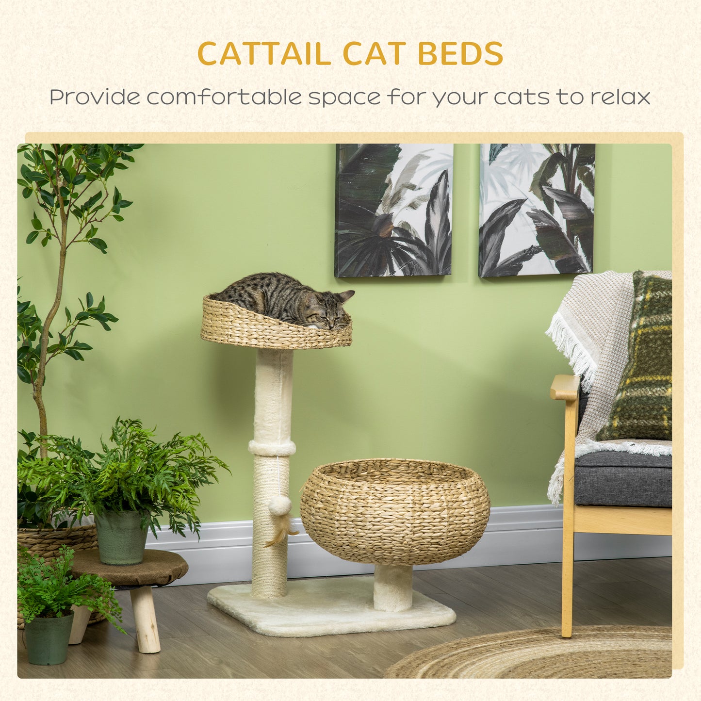 PawHut 28" Elevated Cat Bed with Sisal Scratching Post for Indoor Kitties, Modern Cat Tree with Cute Basket Design, Small Cat Tree with Fun Ball Toy