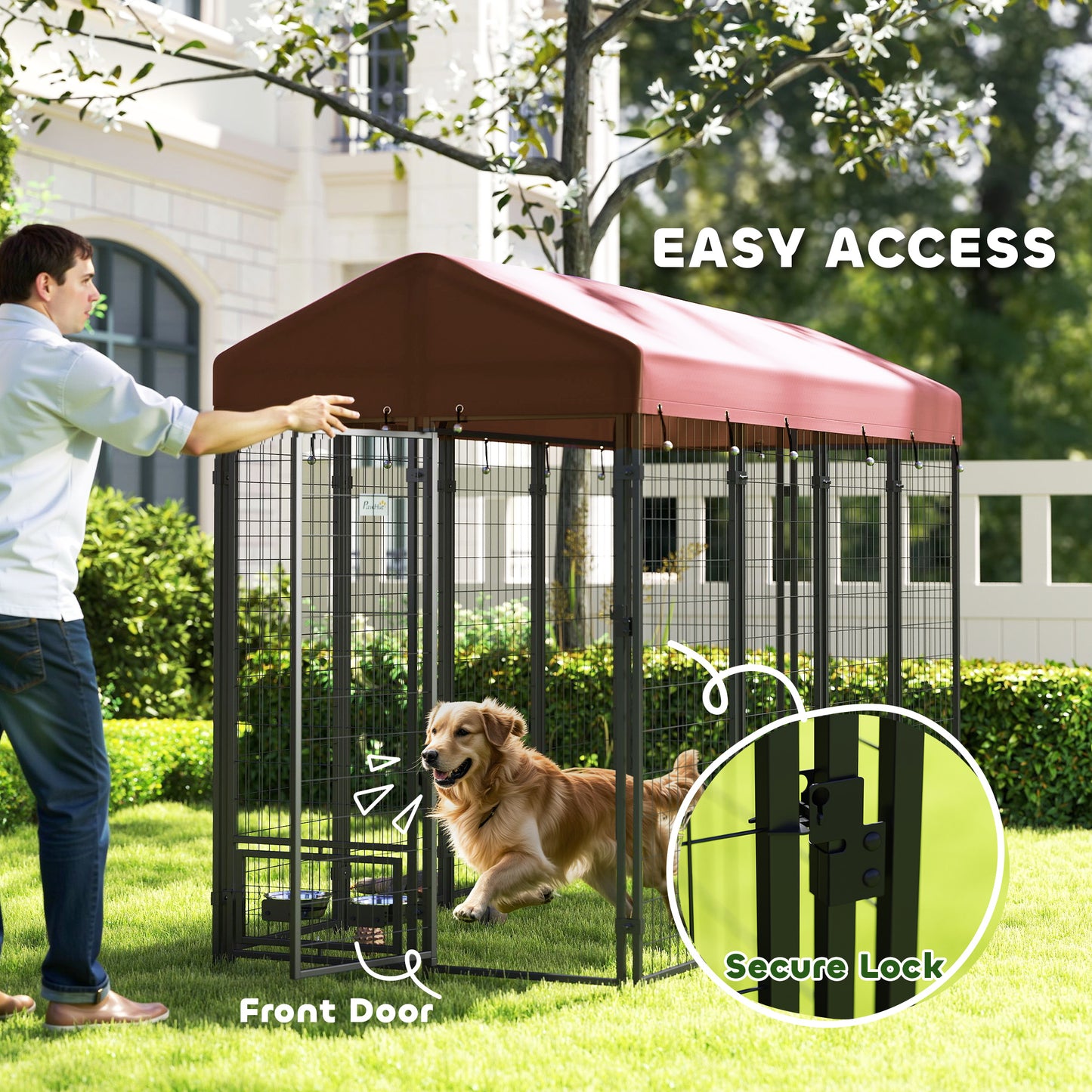 PawHut Outdoor Dog Kennel with Rotating Bowl Holders, Walk-in Pet Playpen with Waterproof Cover, 8' x 4' x 6', Red