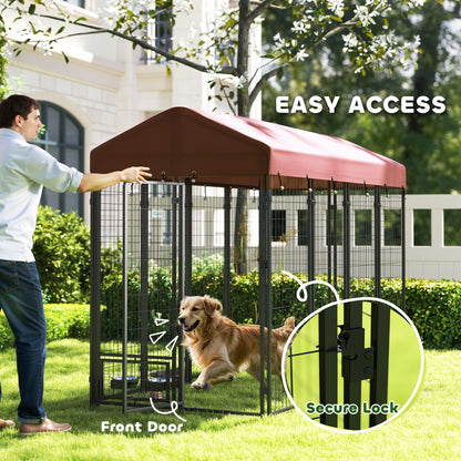 PawHut Outdoor Dog Kennel with Rotating Bowl Holders, Walk-in Pet Playpen with Waterproof Cover, 8' x 4' x 6', Red