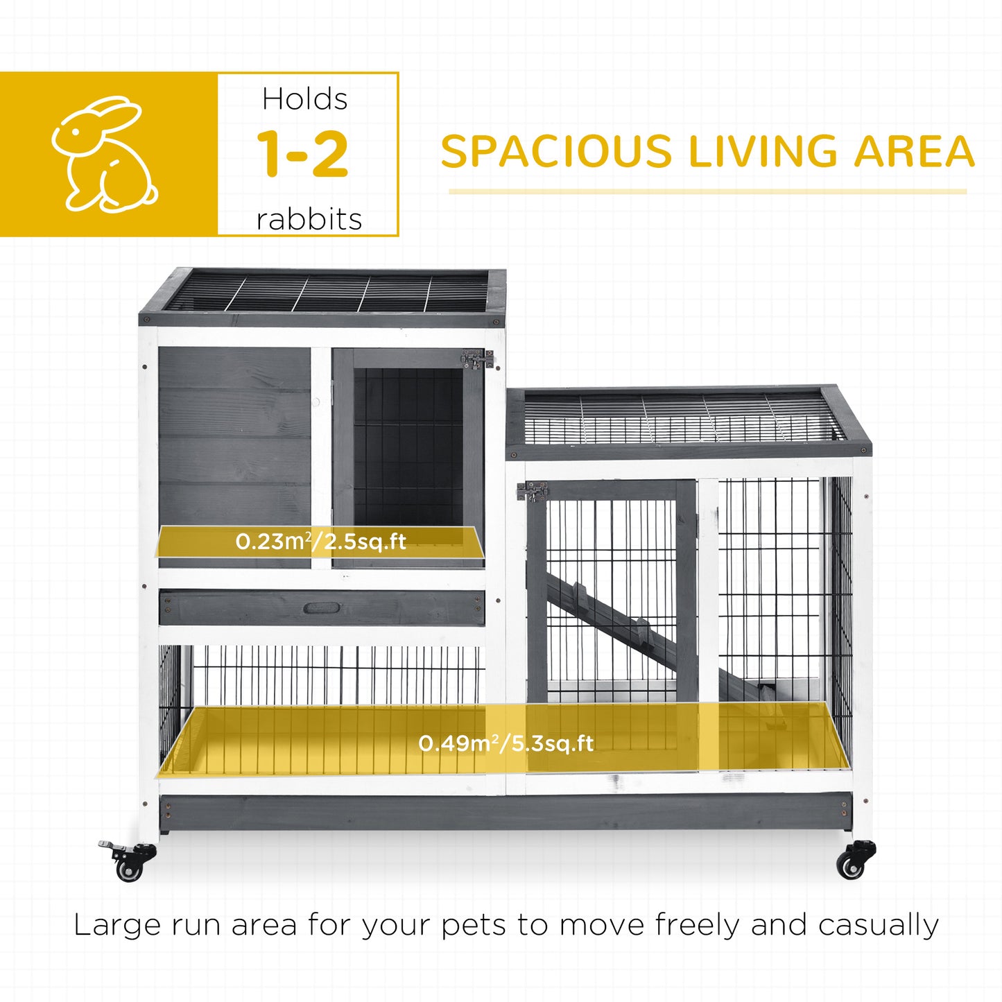 PawHut Wooden Rabbit Hutch Elevated Bunny Cage Indoor Small Animal Habitat with Enclosed Run with Wheels, Ramp, Removable Tray for Rabbits, Chickens, Ducks, Guinea Pigs, Gray