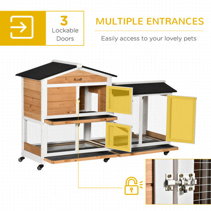 PawHut 62" Wooden Mobile Rabbit Hutch with Wheels, Run Box, Slide-out Tray, Ramp, Yellow