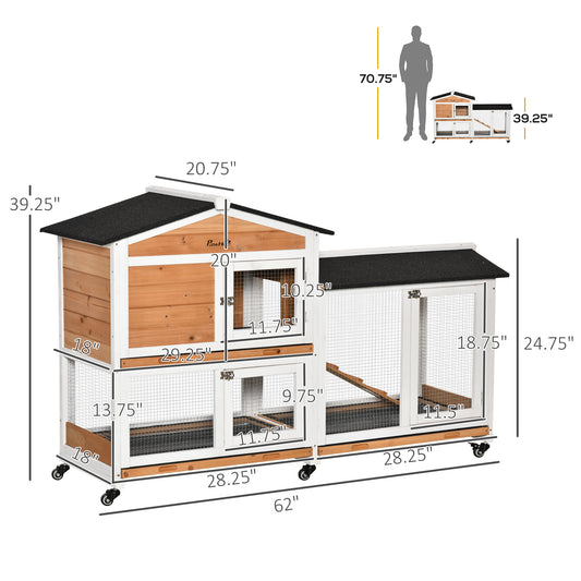 PawHut 62" Wooden Mobile Rabbit Hutch with Wheels, Run Box, Slide-out Tray, Ramp, Yellow