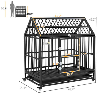 PawHut 48" Heavy Duty Dog Crate with 4 Lockable Wheels, Double Doors, and Removable Tray, for XL and L Dogs
