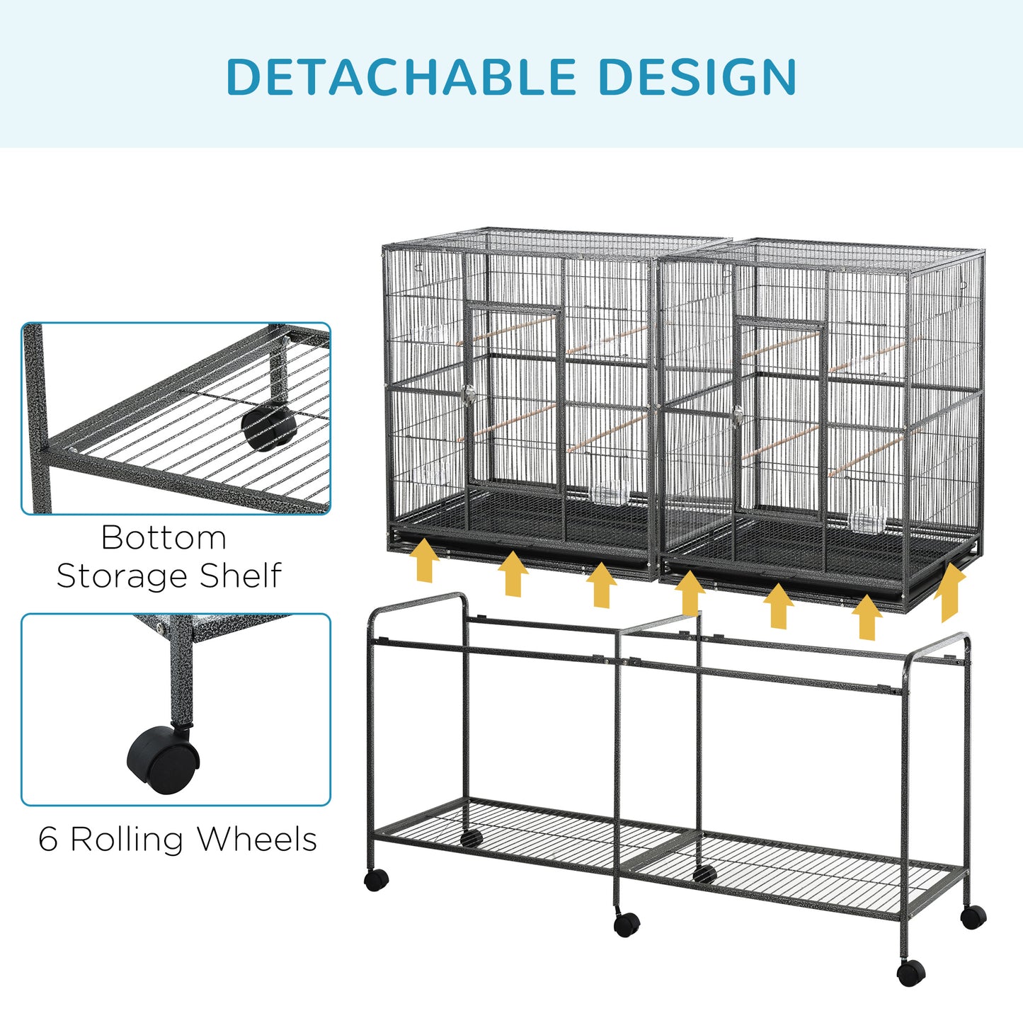 PawHut Rolling 65"L Bird Cage w/ Storage Shelf Wood Perch Food Container