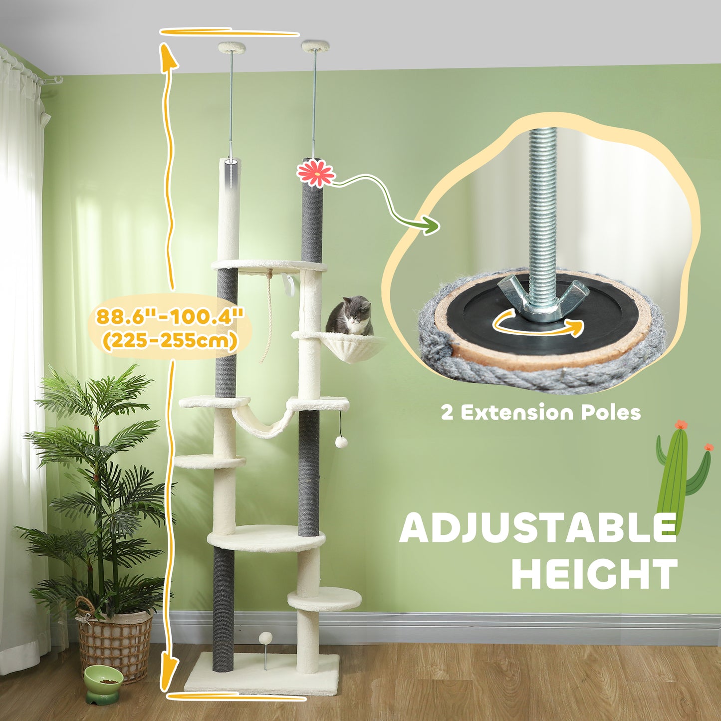 PawHut 89"- 100" Floor to Ceiling Cat Tree with Scratching Posts, Hammock, Perches & Toy Balls, White