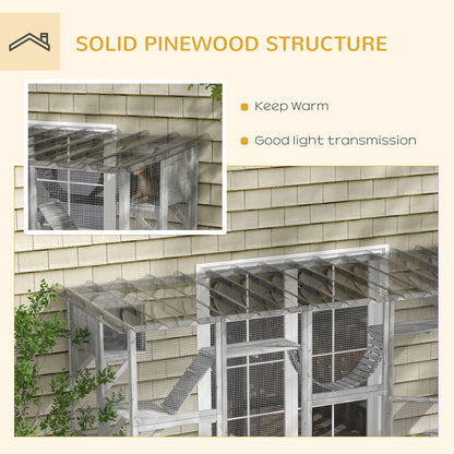 PawHut Catio Playground Cat Window Box Outside Enclosure for Multiple Cats w/ Shelves & Bridges, Gray