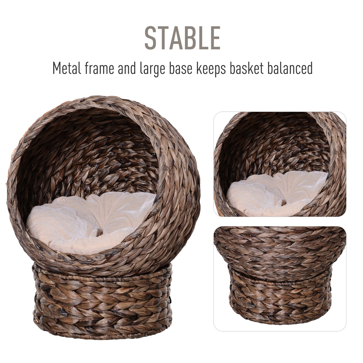 PawHut Handwoven Elevated Cat Bed with Rotating Basket and Soft Cushion, Wicker Cat Egg Chair with Stand, Brown