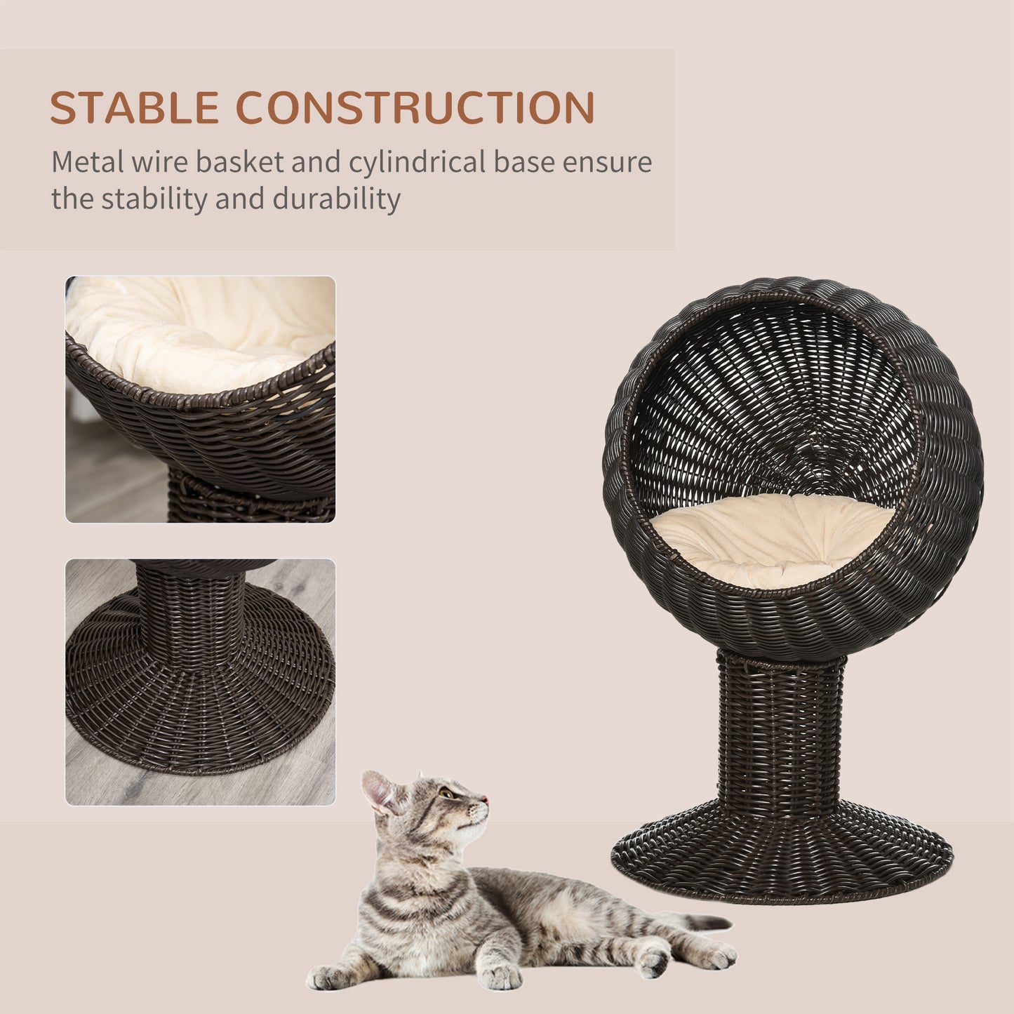 PawHut Elevated Cat Bed with Rotatable Egg Chair Pod, Cat Basket Bed with Thick Cushion, Natural Mat Grass Woven Kitty House, Coffee