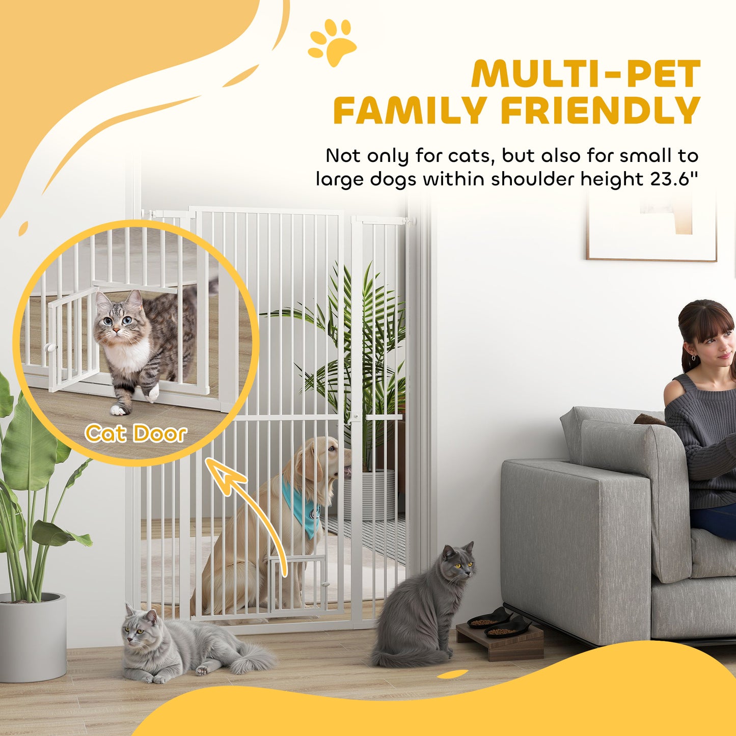 PawHut 59" Extra Tall Pet Gate, 30"-41" Dog Gate with Cat Door, 1.4" Narrow Gap, 2.8" and 5.5" Extension, for Doorway, Hallway