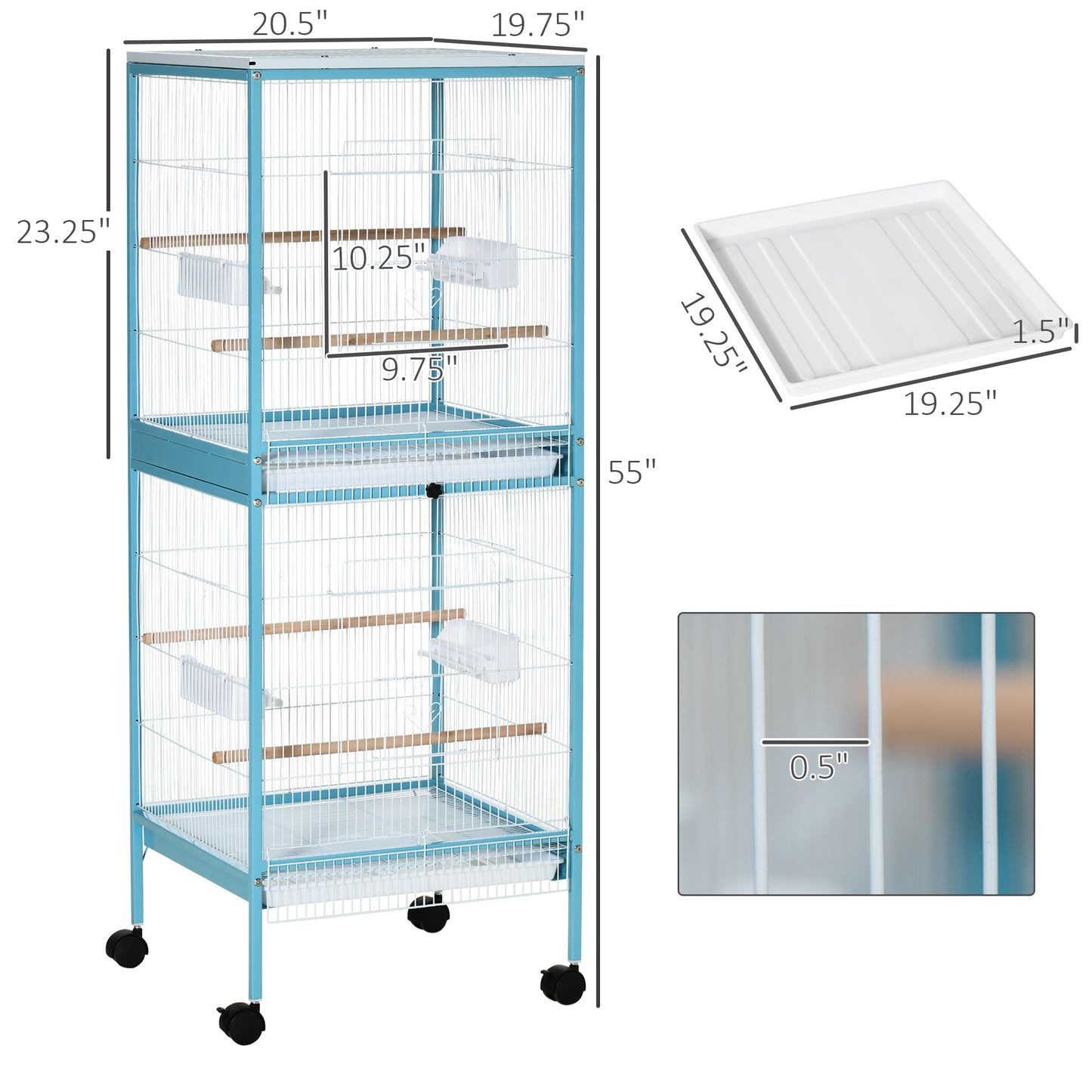 PawHut 55" 2 In 1 Bird Cage Aviary Parakeet House for finches, budgies with Wheels, Light Blue