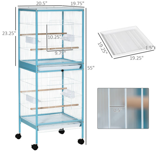 PawHut 55" 2 In 1 Bird Cage Aviary Parakeet House for finches, budgies with Wheels, Light Blue