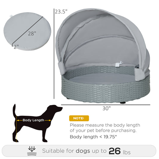 PawHut Wicker Dog Bed Rattan Pet Sofa with Adjustable Canopy Pet House Shelter for Small Dogs with Cushion Indoor Outdoor, Grey