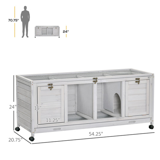 PawHut Wooden Rabbit Hutch with Wheels, Dividers for Indoor Use, Light Gray