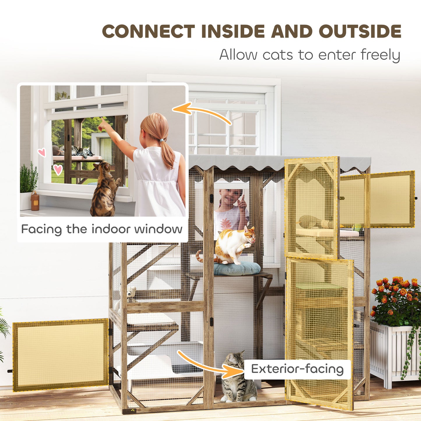PawHut Outdoor Cat Enclosure with Window Access, 5 Platforms and 2 Resting Boxes, Waterproof Roof for Multiple Cats, Brown