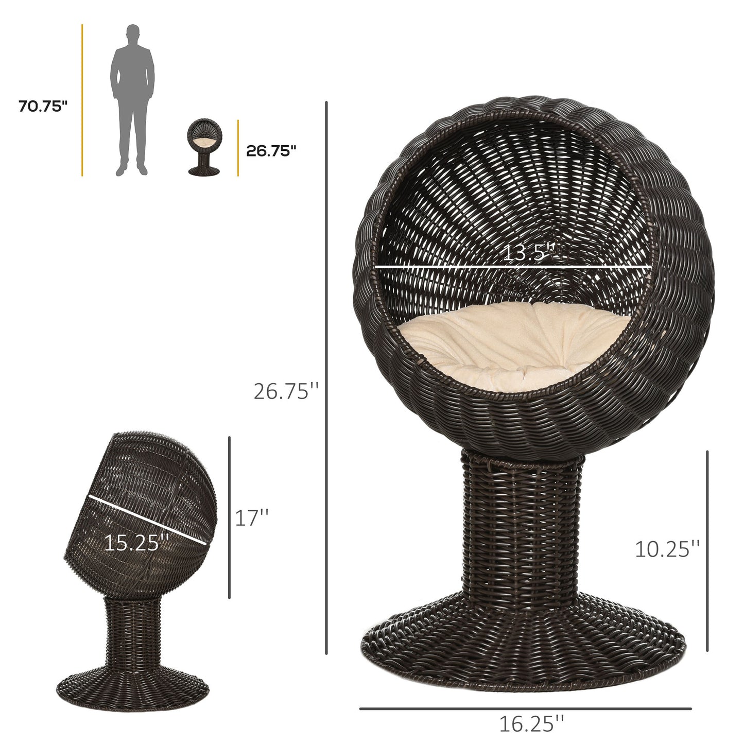 PawHut Elevated Cat Bed with Rotatable Egg Chair Pod, Cat Basket Bed with Thick Cushion, Natural Mat Grass Woven Kitty House, Coffee